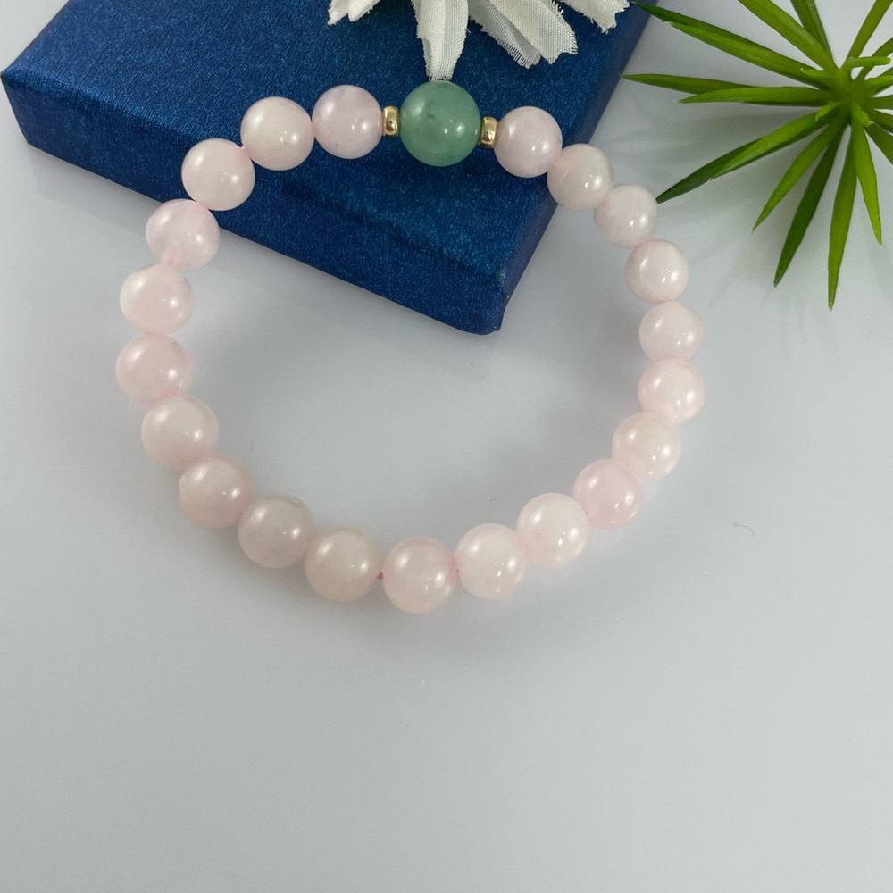 Pink Quartz / Green Aventurine & 14K Solid Gold 8mm Beaded Bracelet